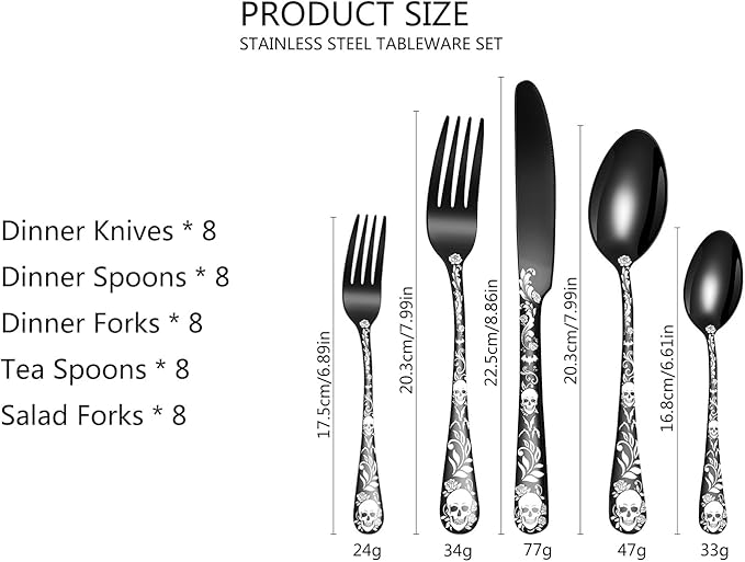 XIAOYU 40 Piece Halloween Skeleton Silverware Set, Tableware Cutlery Set Service for 8, Forks Knives Spoons Sets with Gothic Skull Flower Pattern, Stainless Steel Flatware Set Utensils for Kitchens