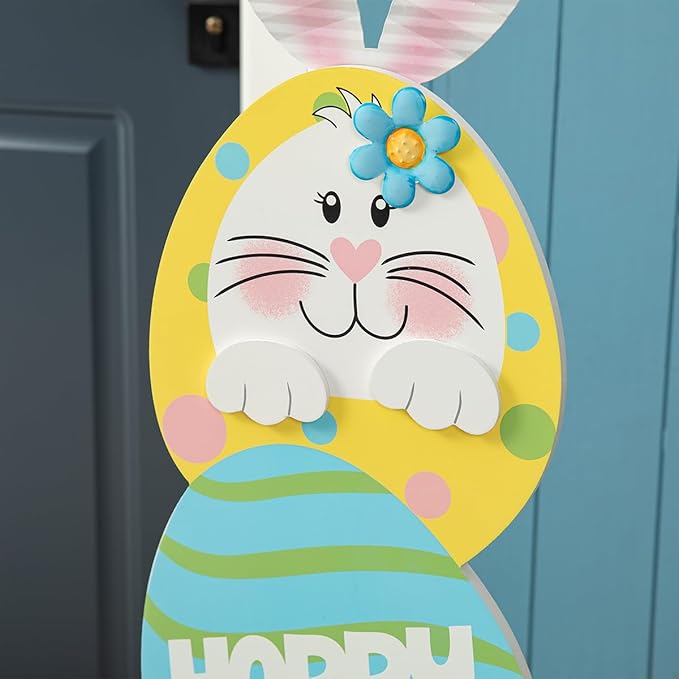 Glitzhome 42" H Happy Easter Porch Sign, Farmhouse Rustic Wooden Bunny and Eggs Porch Decor Standing Sign for Front Door Porch Decorations