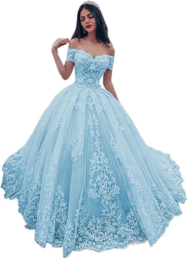 TRHTX Off Shoulder Lace Wedding Dresses for Bride Appliques Bridal Gowns for Women A-line Wedding Gowns with Train