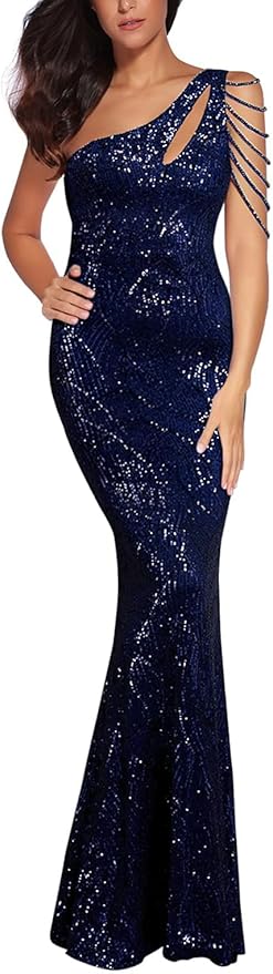 Women One Shoulder 1920s Plus Size Formal Dress Tassels Sleeve Sequins Gatsby Maxi Evening Gown