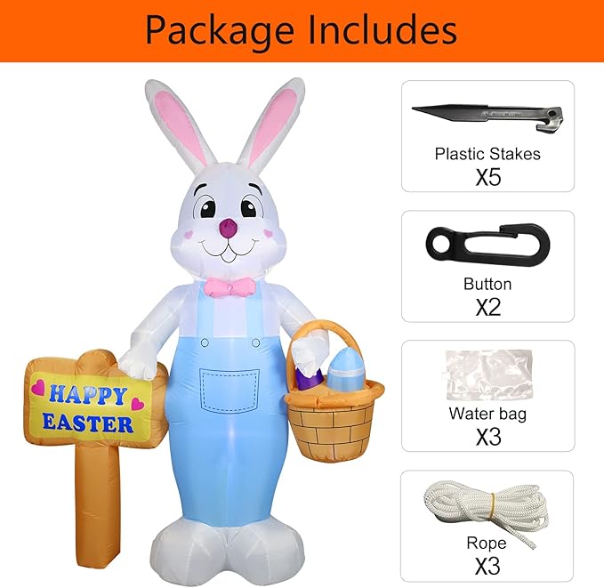 DomKom 8 FT Giant Easter Inflatable Bunny Outdoor Decorations, with Colorful Eggs Basket, Build-in LEDs Happy Easter Blow Up Yard Decorations for Party, Outdoor, Garden, Yard Lawn Décor