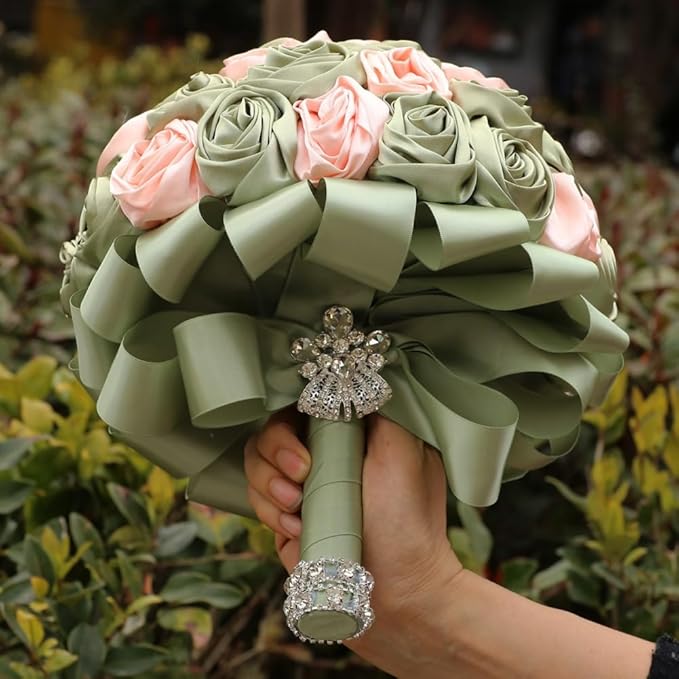 Handmade Wedding Bridal Bouquet Round Satin Rose Flower Bouquet for Bride Bridesmaid Quinceanera Wedding Bouquet Sage Green and Pale Pink 7.5in