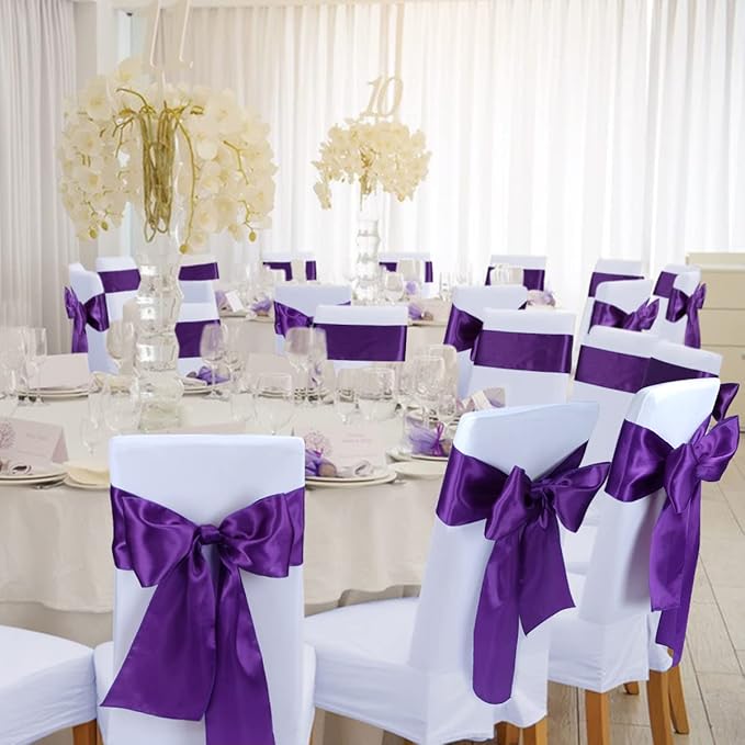 Babenest Satin Chair Sashes Ties Upgraded 50 pcs Chair Ribbons Bows for Wedding Banquet Party Christmas Baby Shower Events Decoration (Purple)