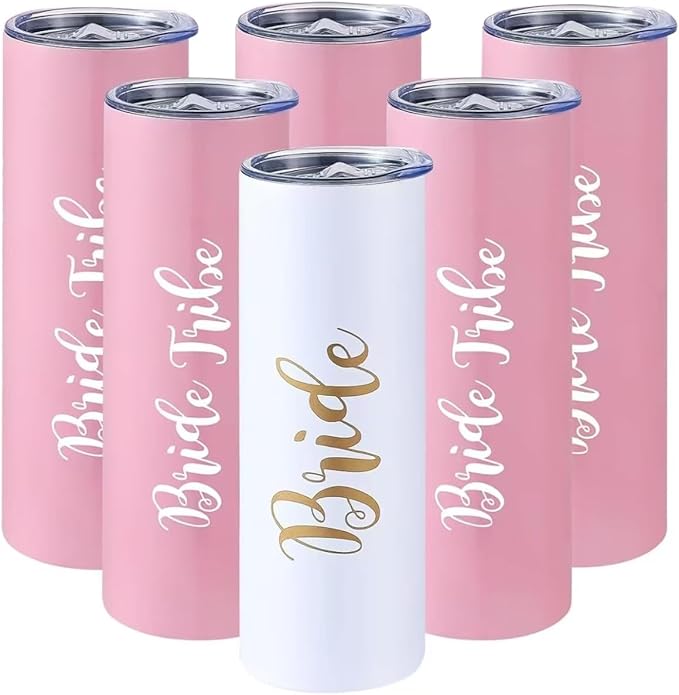 6 Pack Bride to Be Skinny Tumbler | 20 oz Bride Tribe Stainless Steel Wine Tumblers | Engagement Wedding Gifts Bridesmaids Mugs Bachelorette Party Supplies & Games