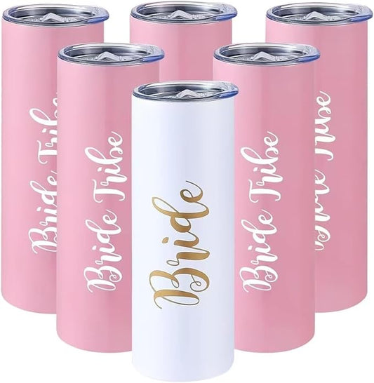 6 Pack Bride to Be Skinny Tumbler | 20 oz Bride Tribe Stainless Steel Wine Tumblers | Engagement Wedding Gifts Bridesmaids Mugs Bachelorette Party Supplies & Games