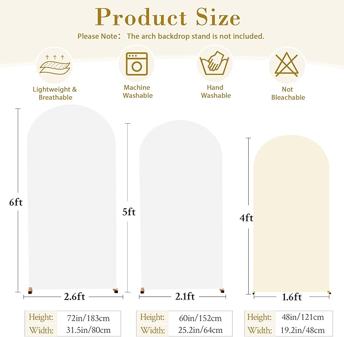 White and Beige Arch Cover 3 Set-6FT, 5FT, 4FT Arch Backdrop Cover Spandex Fitted 2- Color Fabric Stand Covers for Bridal Shower Baby Shower Birthday Party Wedding Photo Background Decorations