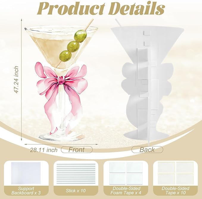 4ft Large Martini Pink Bow Cardboard Cutout A Tini Bit Older Birthday Standup Green Cocktail Glass Backdrop Decorations for Women Bar Coquette Bachelorette Bridal Shower Party Decor