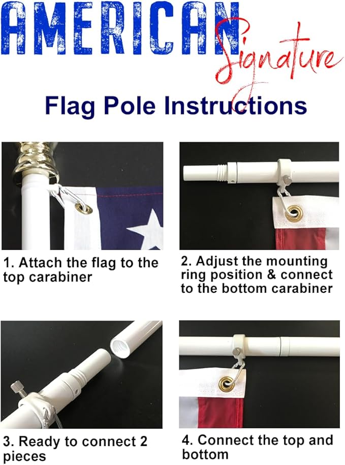 American flag and pole kit set: Includes a 3x5 ft Embroidered US flag made in USA, 6 ft aluminum tangle free spinning flag pole with carabiners, and flagpole holder wall mount bracket (White)