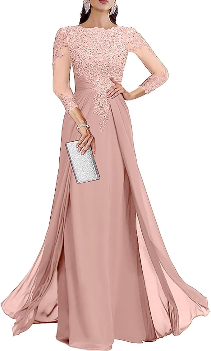 Long Sleeve Mother of The Bride Dresses for Wedding Lace Appliques Chiffon Formal Dress He6052