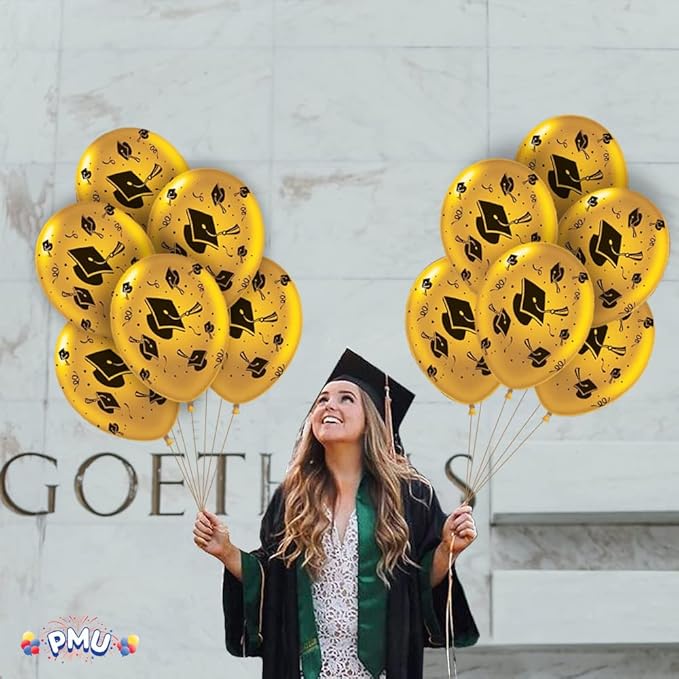 PMU100 Pcs Metallic Gold Graduation Balloons Class of 2025 with All-Over Print White Grad Caps-Confetti and Streamers | Graduation Party Supplies | Congratulations Grad Latex Balloons Latex