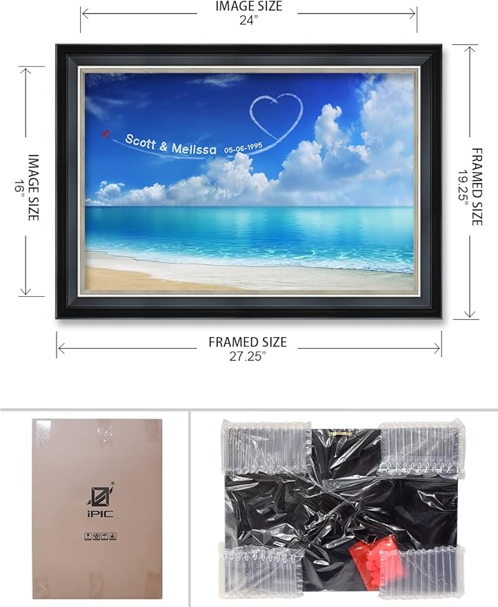 IPIC - Seaside Skywriting Personalized Framed Wall Art with Names and Date on, Giclee Prints Framed with Solid Wood, Custom Memorial Gifts for Wedding Anniversary. Total Size: 27.25" W x 19.25" H