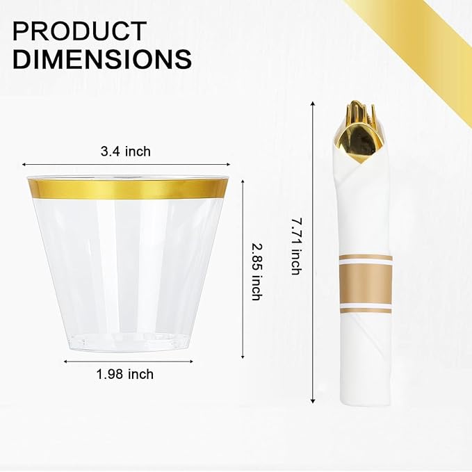350 Piece Gold Dinnerware Set,100 Plastic Plates, 50 Cups,50 Pre Rolled Napkins with Plastic Silverware, Disposable Gold Dinnerware Set for 50 Guest