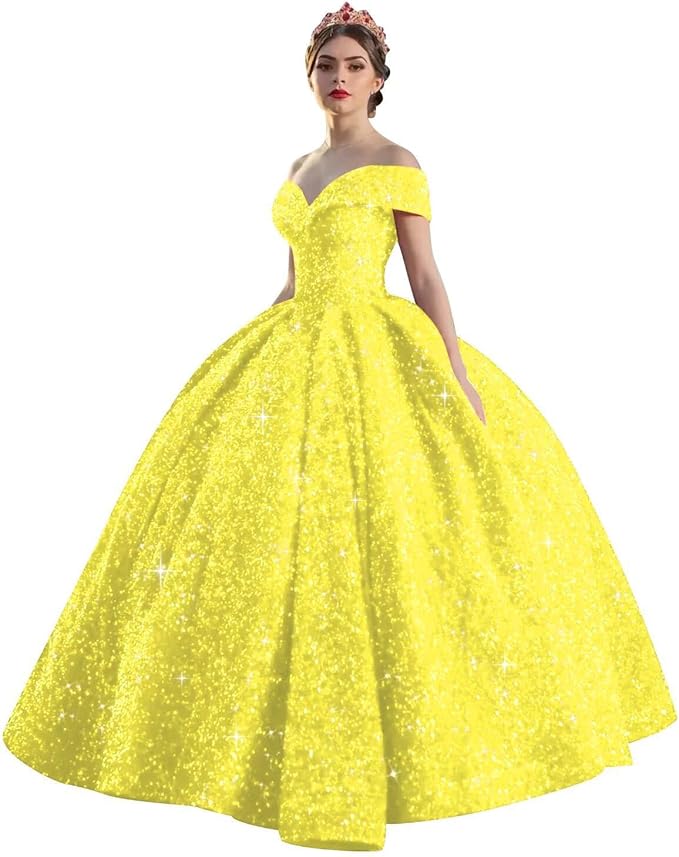 Quinceanera Dress Long Ball Gown Sparkly Sequin Off Shoulder V Neck Prom Dresses
