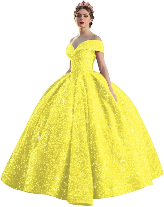 Quinceanera Dress Long Ball Gown Sparkly Sequin Off Shoulder V Neck Prom Dresses