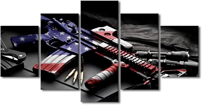 TISHIRON Large Family Decor Wall Art American Gun Set Canvas Painting Posters Wall Decor 5 Piece USA Flag Prints on Cool Gun Modern Art Wall Decor for Living Room Office Framed Ready to Hang 60x32 in