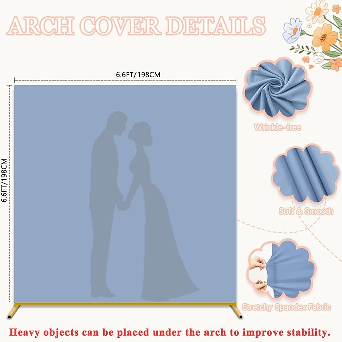 Metal Arch Backdrop Stand and Cover Set 6.6x6.6FT Wedding Backdrop Stand with Dusty Blue Arch Cover Spandex Portable Arched Party Frame Square Covers for Birthday Anniversary Events Photo Booth
