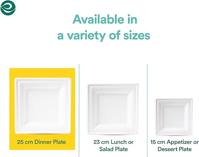ECO SOUL 10 Inch Compostable Disposable Paper Plates [200 Pack] Food Safe 100% Virgin Bagasse Pulp Heavy Duty Biodegradable Microwave Safe Large Square Dinner Plate for Party, Picnic & BBQ (White)