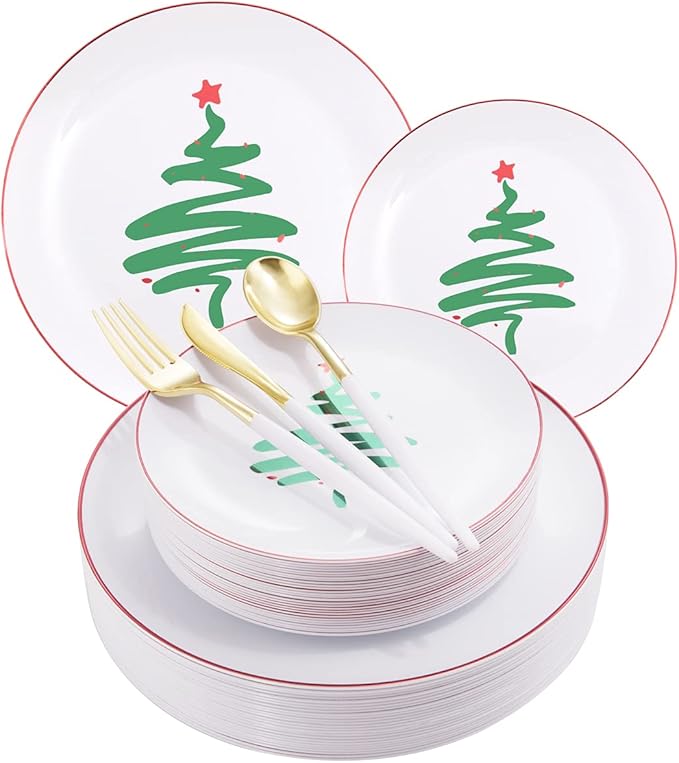 LIYH 150 Pcs Plastic Christmas Disposable Dinnerware Set, Disposable Christmas Plastic Plates with Red Rim, Gold Cutlery with White Handle, Tableware Dishes for Xmas Day 30 Guests