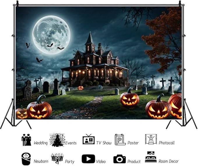 Halloween Backdrop Cemetery Haunted House Backdrop Scary Pumpkin Lamp Night Full Moon Photography Background Theme Party Banner Photo Studio Props 7x7ft（210x210cm）
