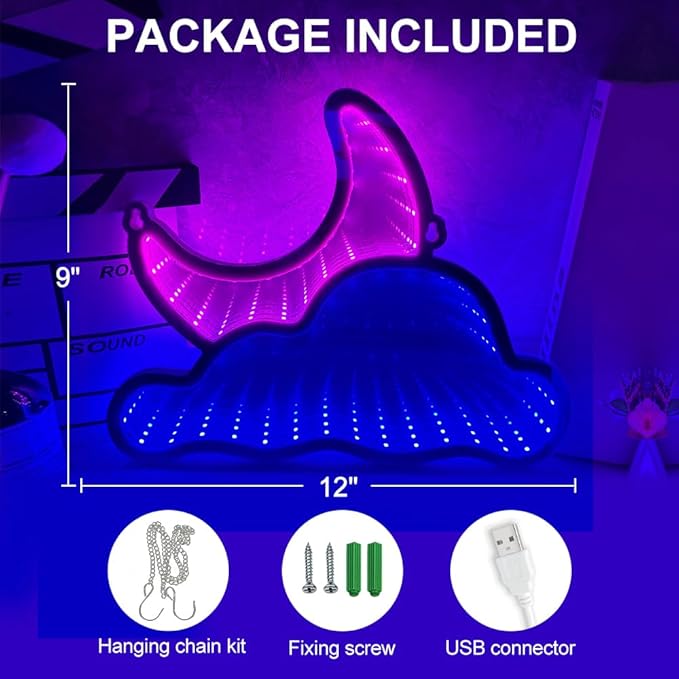 Infinity Mirror LED Neon Sign Wall Decor – Cloud & Moon 3D Light for Bedroom, Game Room, Living Room, USB Powered Aesthetic Night Lamp, Blue Pink Ambient Neon Wall Art, Layered Acrylic PET Design 12"x9"