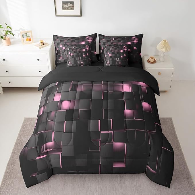Feelyou Pink and Black Bedding Set Full Size Kids Light Geometric Comforter Set with Sheets 7 Piece Bed in a Bag forModern Bed Set with Comforter,Sheets,Pillowcases,Cushion Covers