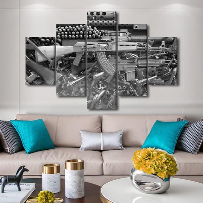 Large Modern Damaged Weapon Gun Black and White Wall Art Home Decor Canvas Painting for Living Room Prints and Poster HD Pictures Office Wall Decoration Stretched and Framed 5 Piece(60" Wx40 H)