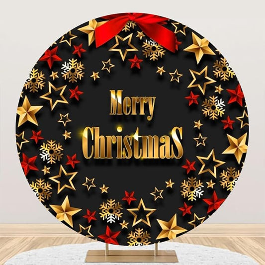 Merry Christmas Round Backdrop Cover 7ft Gold Snowflakes Pentagram Red Bow Tie Happy New Year Circle Photography Background Festival Xmas Eve Winter Party Family Portrait Props Decor