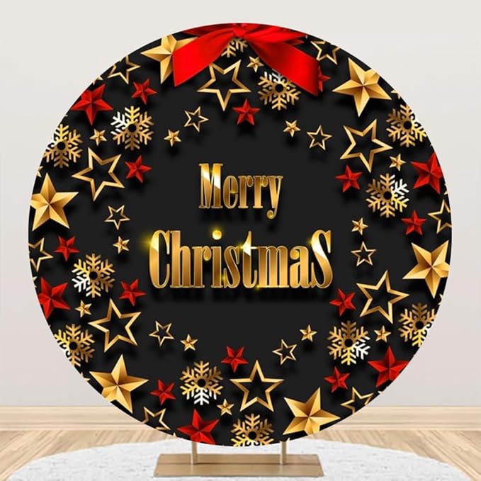 Merry Christmas Round Backdrop Cover 6ft Gold Snowflakes Pentagram Red Bow Tie Happy New Year Circle Photography Background Festival Xmas Eve Winter Party Family Portrait Props Decor