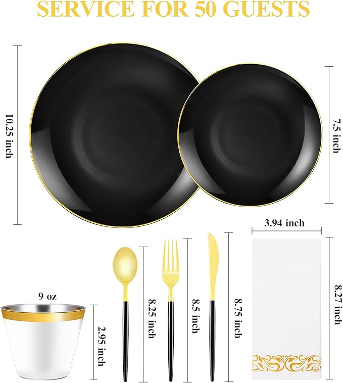 350 Pieces Black Gold Plastic Dinnerware Set, Gold Disposable Plates for Party, Include 100 Black Plates with 150 Plastic Cutlery, 50 Napkins and 50 Cups