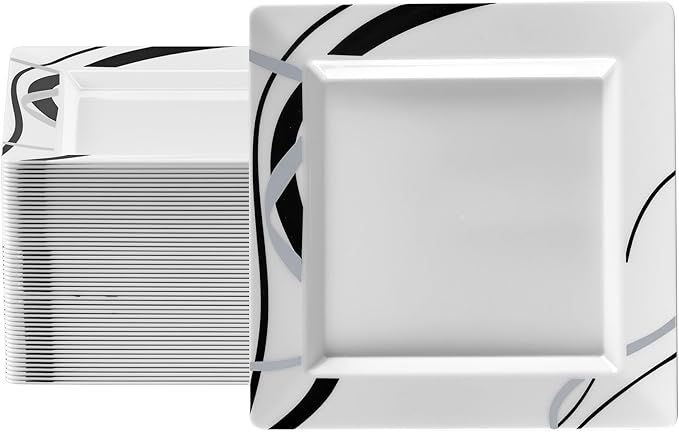 Oasis Creations White Square Plates with Geometric Black and Silver Lines 10" - 50 count - Premium Hard White Plastic -Disposable and Reusable-Salad Appetizer Dinner -Party Plate Set