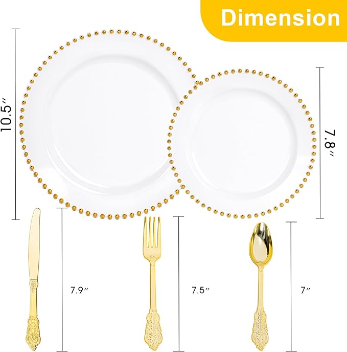 HOMIP 75Pcs Gold Plastic Dinnerware Set - Pearl-Beaded Rim Plates & Baroque Forks, Spoons, Knives, Perfect for Elegant Wedding, Banquet & Party