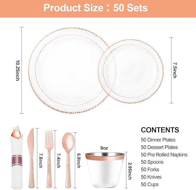 350PCS Clear Plastic Plates with Rose Gold Trim for 50 Guests, Disposable Dinnerware Set for Party, Wedding, Include 100 Plastic Plates, 50 Pre Rolled Napkins with Silverware, 50 Cups