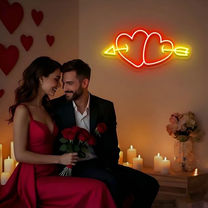 Double Heart Cupid Arrow Neon Sign for Wall Decor, Romantic LED Neon Light for Engagement Party, Wedding & Anniversary Decorations, Symbolic Neon Wall Art for Valentine’s Day Celebration 16.5"x7.9"