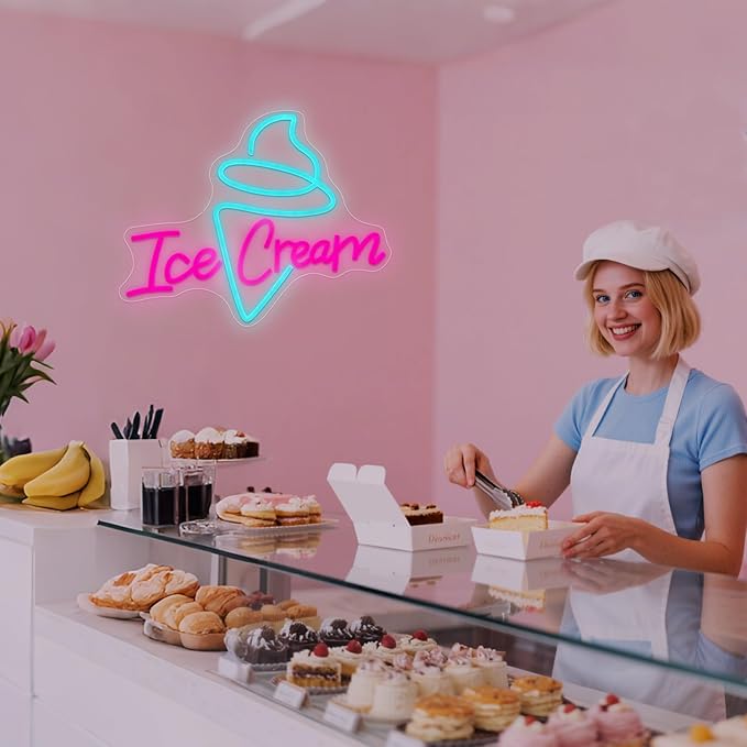 Ice Cream Neon Sign - Dimmable USB Ice Cream Letter Neon Light Up Signs for Business Store Cafe Drink Shop Office Bedroom Restaurant Decor Adjust Brightness