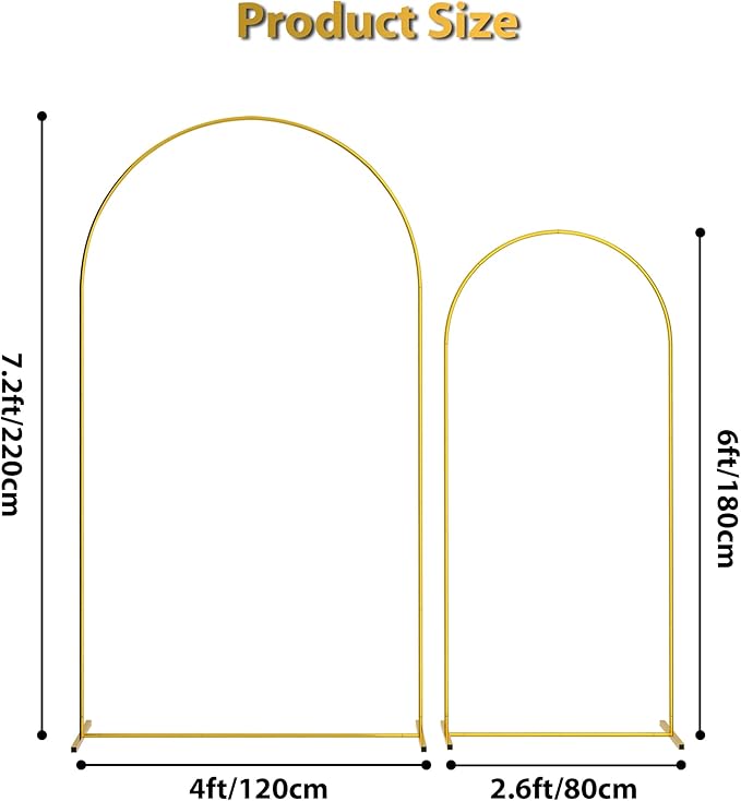 Gold Metal Wedding Arch Backdrop Stand Set of 2, 7.2FT & 6FT Arched Frame for Ceremony, Birthday Party, Baby Shower, Graduation, and Event Decor