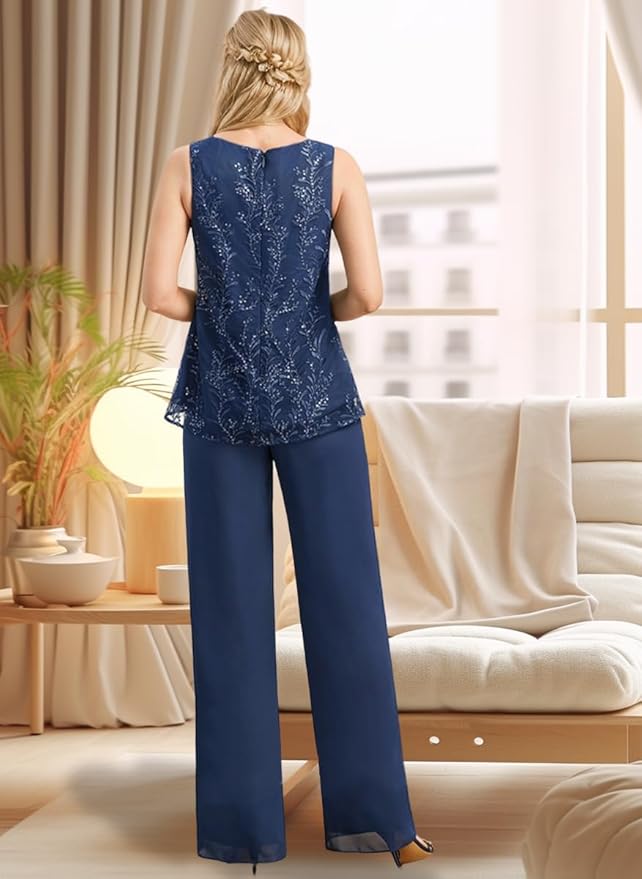 3 Pieces Mother of The Bride Pant Suits Long Laces Appliques 3/4 Sleeves Chiffon Mother of The Groom Dress