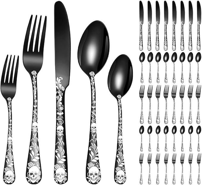 XIAOYU 40 Piece Halloween Skeleton Silverware Set, Tableware Cutlery Set Service for 8, Forks Knives Spoons Sets with Gothic Skull Flower Pattern, Stainless Steel Flatware Set Utensils for Kitchens