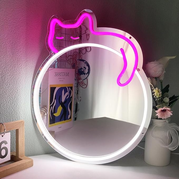 jXIN Cat Neon Signs Mirror 16.53"x13.38" USB Powered with Dimmer LED Cute Neon Light for Wall Room Decor Bedroom Living Room Party Studio Shop Birthday Gifts for Girls