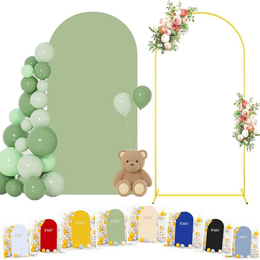 FOTSHARER 7.2 FT Wedding Arch Backdrop Stand and Sage Green Arch Cover Wedding Backdrop Arch Stand with Cover Gold Wedding Arches for Ceremony Happy Birthday Party Bridal Baby Shower Arbor Decorations