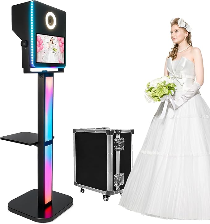 Portable Magic Mirror Photo Booth DSLR Photo Booth 15.6 inch Touch Screen Selfie Photobooth Black Machine for Wedding Party Events Rental with RGB Lights Red Carpet Props Flight Case (Black Color)