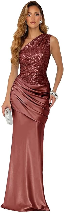 Sparkly Sequins Mermaid Prom Dress 2026 for Women Long Satin One Shoulder Asymmetrical Pleated Formal Evening Gown