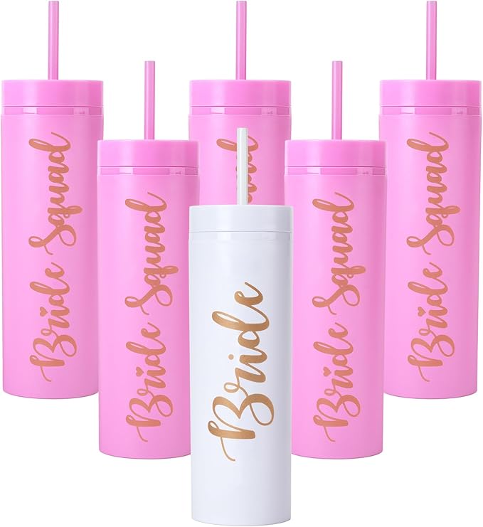 6 Pack Bride to Be Skinny Tumbler | 16 oz Bride & Squad Tumblers | Bachelorette Party Cups | Engagement Wedding Gifts & Games (Pink)