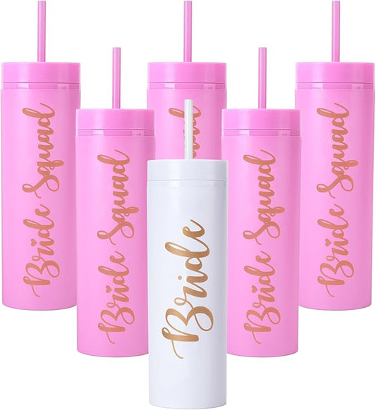 6 Pack Bride to Be Skinny Tumbler | 16 oz Bride & Squad Tumblers | Bachelorette Party Cups | Engagement Wedding Gifts & Games (Pink)