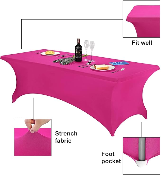 FORLIFE 4Pack Spandex Table Covers，Fitted Tablecloth for Rectangular Tables, Stretch Patio Table Covers, Universal Spandex Table Cover for Wedding, Banquet, Party (8ft, Fuchsia)