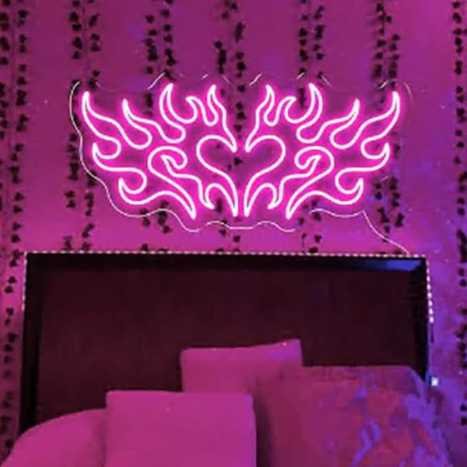 Large Heart Flame Neon Sign, Gothic Style Light Sign, Personalized Gift,Bedroom Decor,Heart Wall Art Décor Size:24in x 11.2in