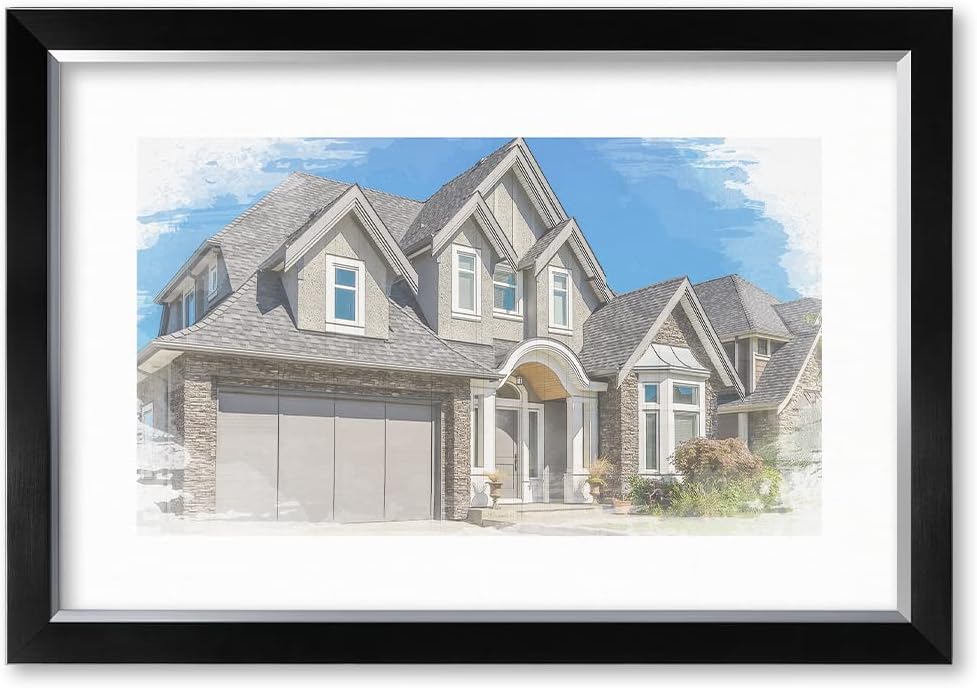 IPIC - Custom Watercolor House Portrait.Personalized Artwork with Names and Date on, Customized Gift for Anniversary,Wedding,Birthday and Holidays. Picture size: 30x20, Framed Size: 33x23