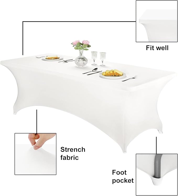 FORLIFE 6Pack Spandex Table Covers 6ft，Fitted Tablecloth for 6ft Rectangular Tables, Stretch Patio Table Covers, Universal Spandex Table Cover for Wedding, Banquet, Party - White