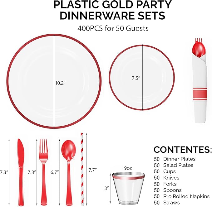 ROVSUN 400 Piece Red Disposable Dinnerware Set for 50 Guests, Clear Plastic Plates for Party, 50 Pre-Rolled Napkins,Silverware,Dinner & Dessert Plates,Cups,Straws for Wedding Birthday Event