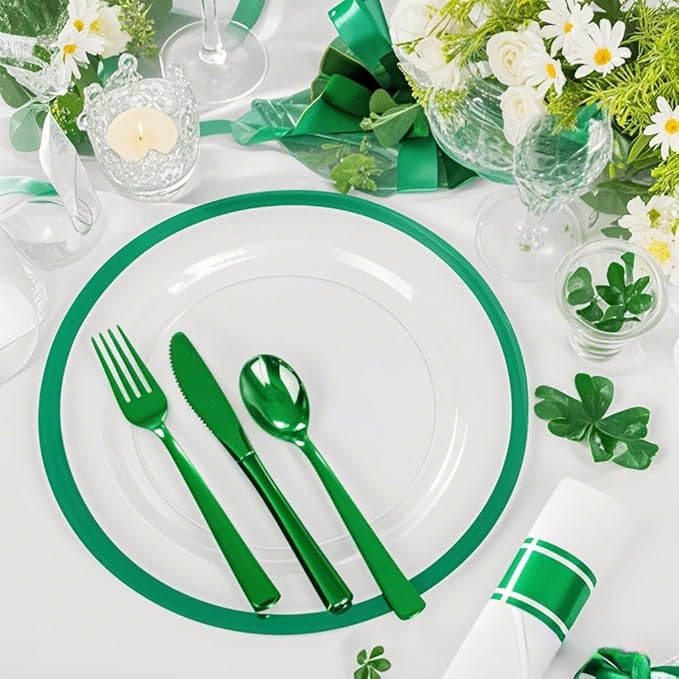 I00000 210 Pcs Green Plastic Plates-St. Patrick's Day Green Dinnerware for Party, Include 30 Dinner and 30 Dessert Plates,30 Plastic Cups 9 OZ,30 Per Rolled Napkins with Cutlery for Party