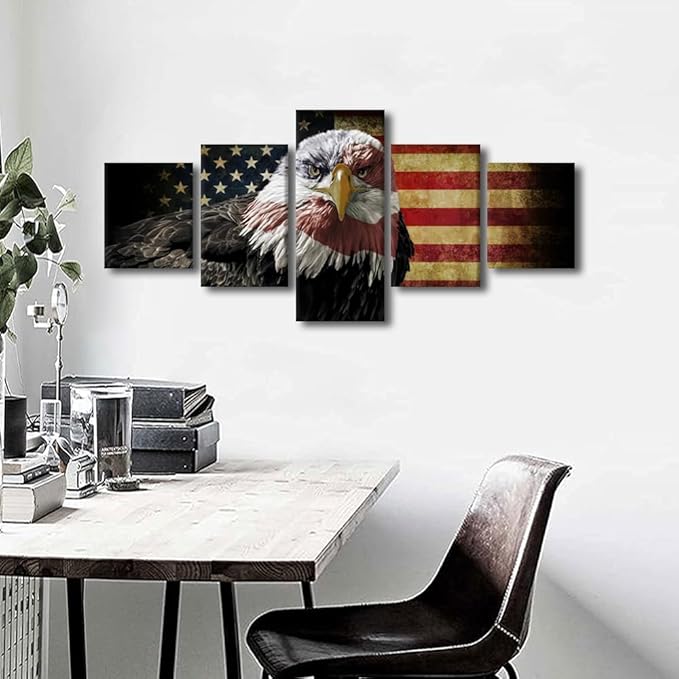 5 Piece American Flag Canvas Wall Art Wooden Flag Wall Art Army Decor Military Art American Flag Poster Patriotic Wall Art Bald Eagle Decor for Home Office Decor Framed Ready to Hang 50"Wx24"H